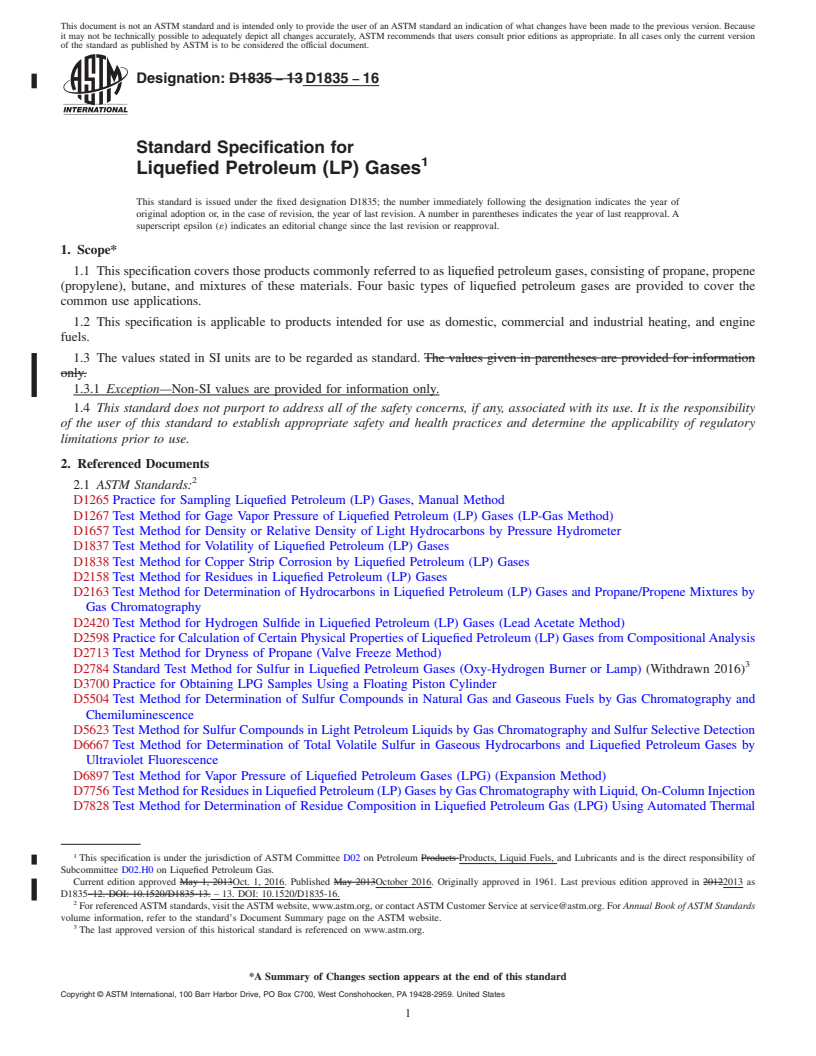 REDLINE ASTM D1835-16 - Standard Specification for Liquefied Petroleum (LP) Gases