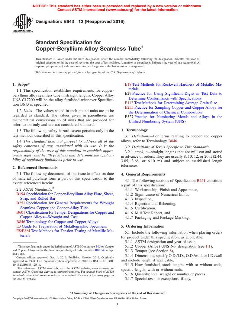 ASTM B643-12(2016) - Standard Specification for Copper-Beryllium Alloy Seamless Tube