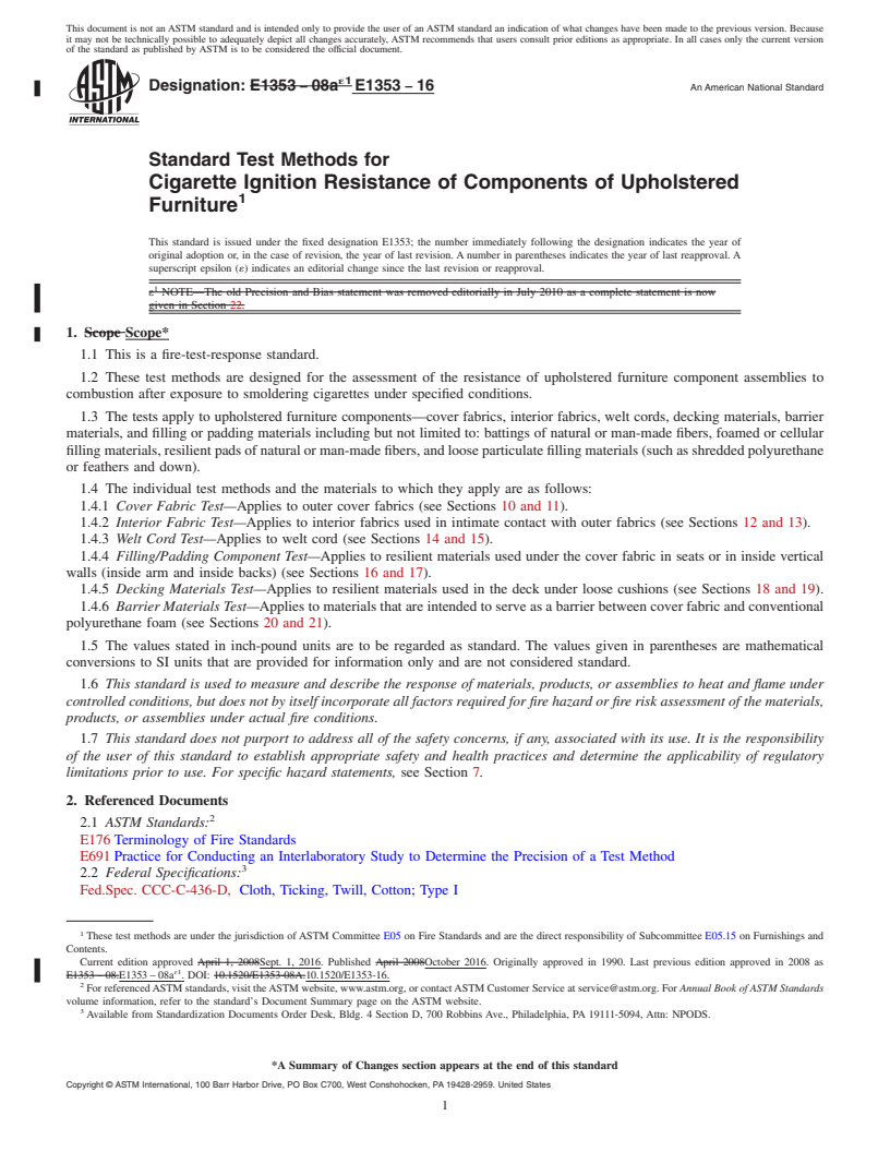 REDLINE ASTM E1353-16 - Standard Test Methods for  Cigarette Ignition Resistance of Components of Upholstered  Furniture