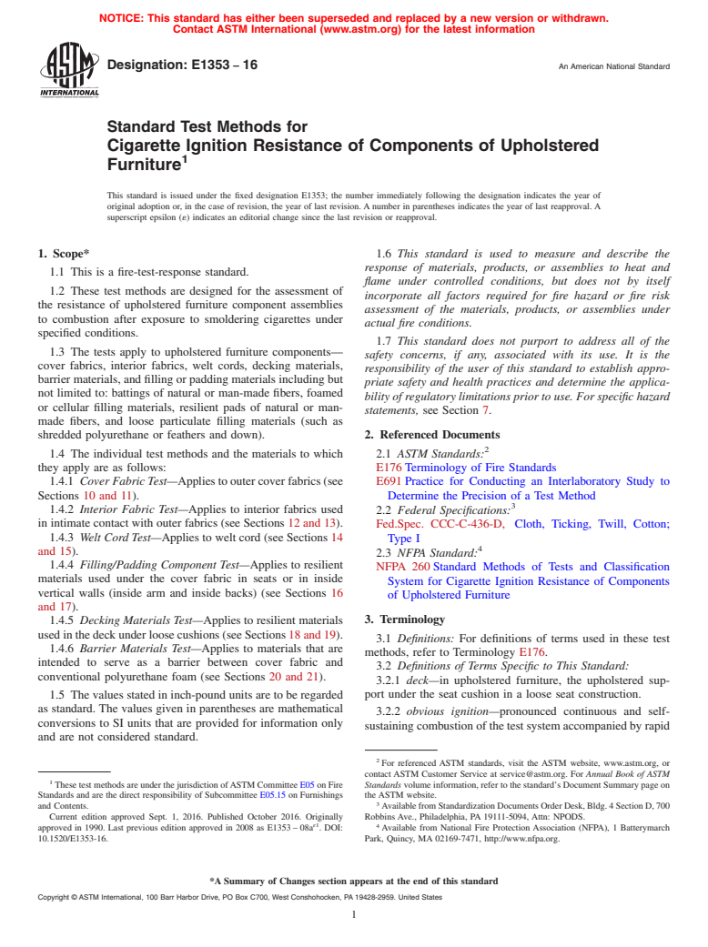 ASTM E1353-16 - Standard Test Methods for  Cigarette Ignition Resistance of Components of Upholstered  Furniture