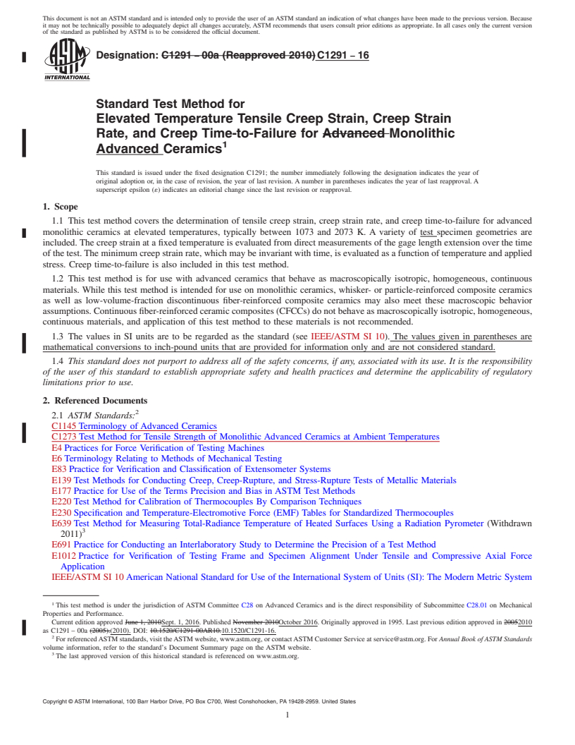 REDLINE ASTM C1291-16 - Standard Test Method for Elevated Temperature Tensile Creep Strain, Creep Strain Rate,  and Creep Time-to-Failure for Monolithic Advanced Ceramics