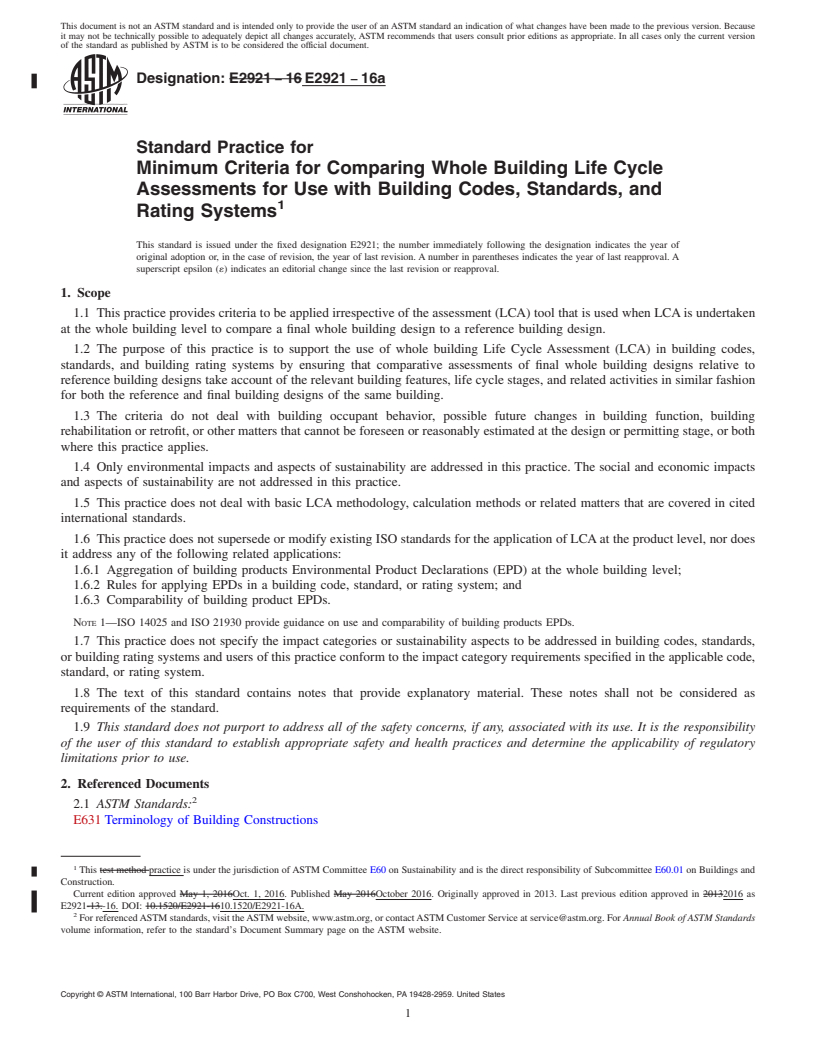 REDLINE ASTM E2921-16a - Standard Practice for Minimum Criteria for Comparing Whole Building Life Cycle Assessments  for Use with Building Codes, Standards, and Rating Systems