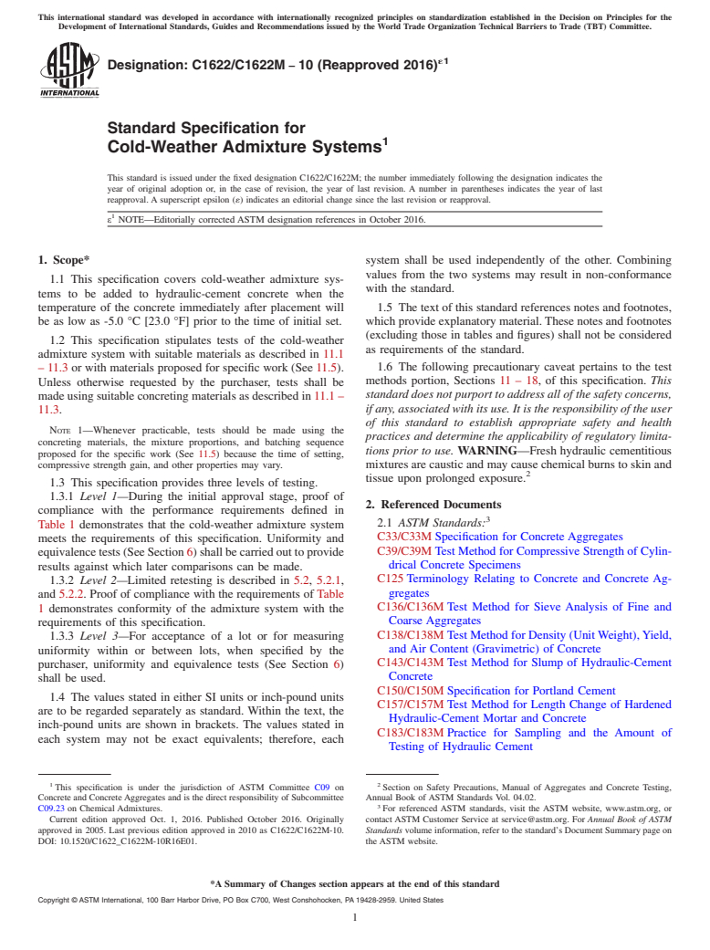 ASTM C1622/C1622M-10(2016)e1 - Standard Specification for  Cold-Weather Admixture Systems