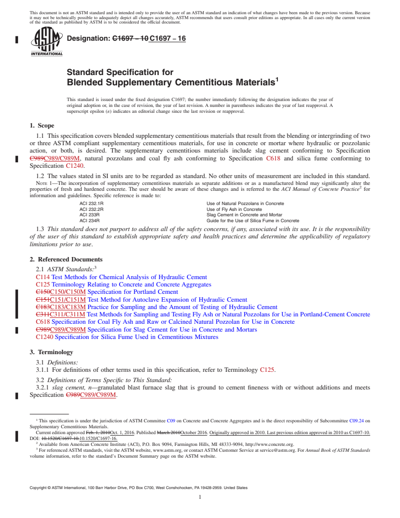 REDLINE ASTM C1697-16 - Standard Specification for Blended Supplementary Cementitious Materials