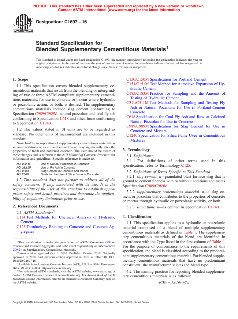 ASTM C1697-16 - Standard Specification for Blended Supplementary Cementitious Materials