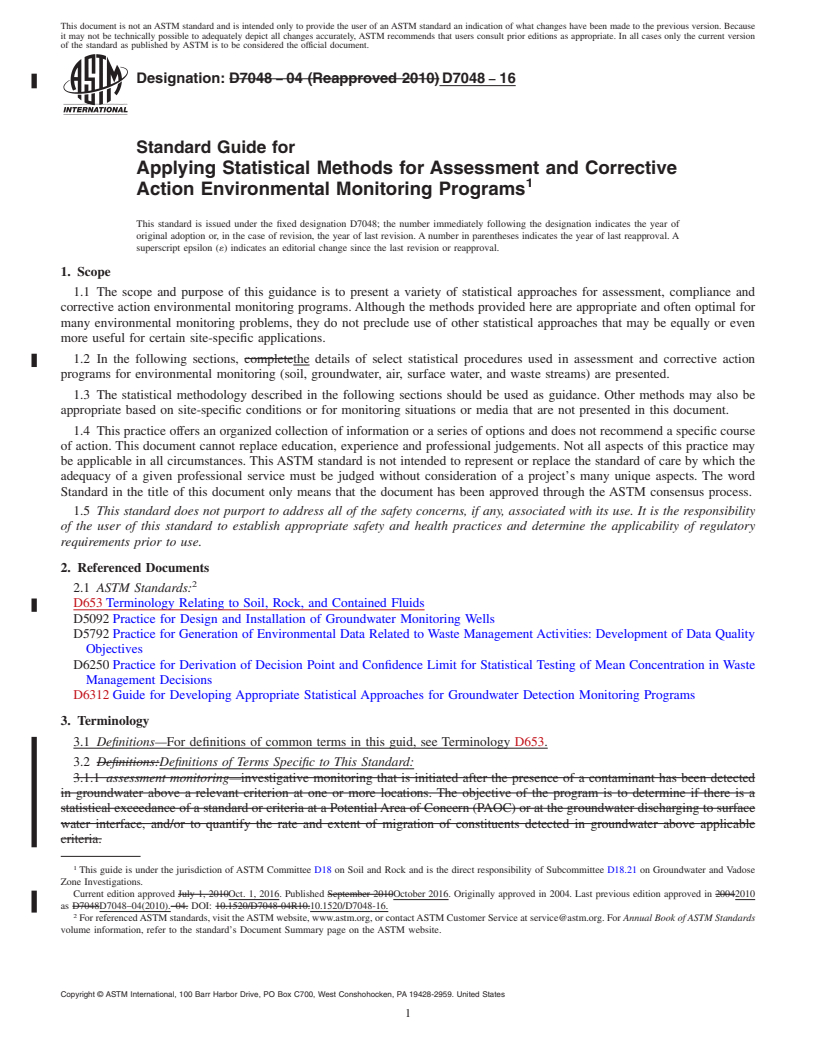 REDLINE ASTM D7048-16 - Standard Guide for  Applying Statistical Methods for Assessment and Corrective  Action Environmental Monitoring Programs