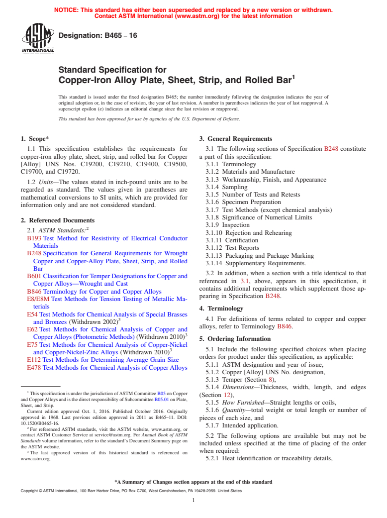 ASTM B465-16 - Standard Specification for Copper-Iron Alloy Plate, Sheet, Strip, and Rolled Bar