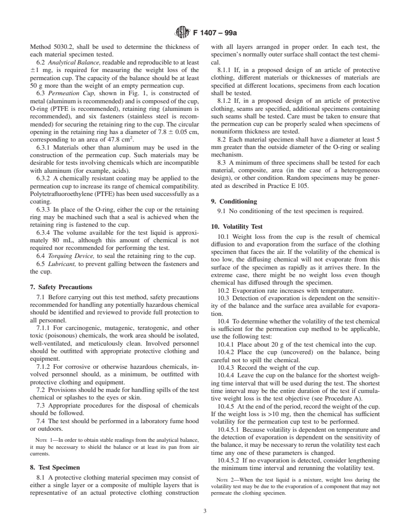 ASTM F1407-99a - Standard Test Method for Resistance of Chemical Protective Clothing Materials to Liquid Permeation-Permeation Cup Method