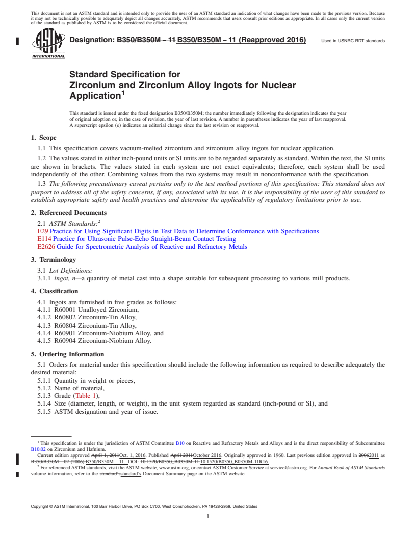 REDLINE ASTM B350/B350M-11(2016) - Standard Specification for Zirconium and Zirconium Alloy Ingots for Nuclear Application