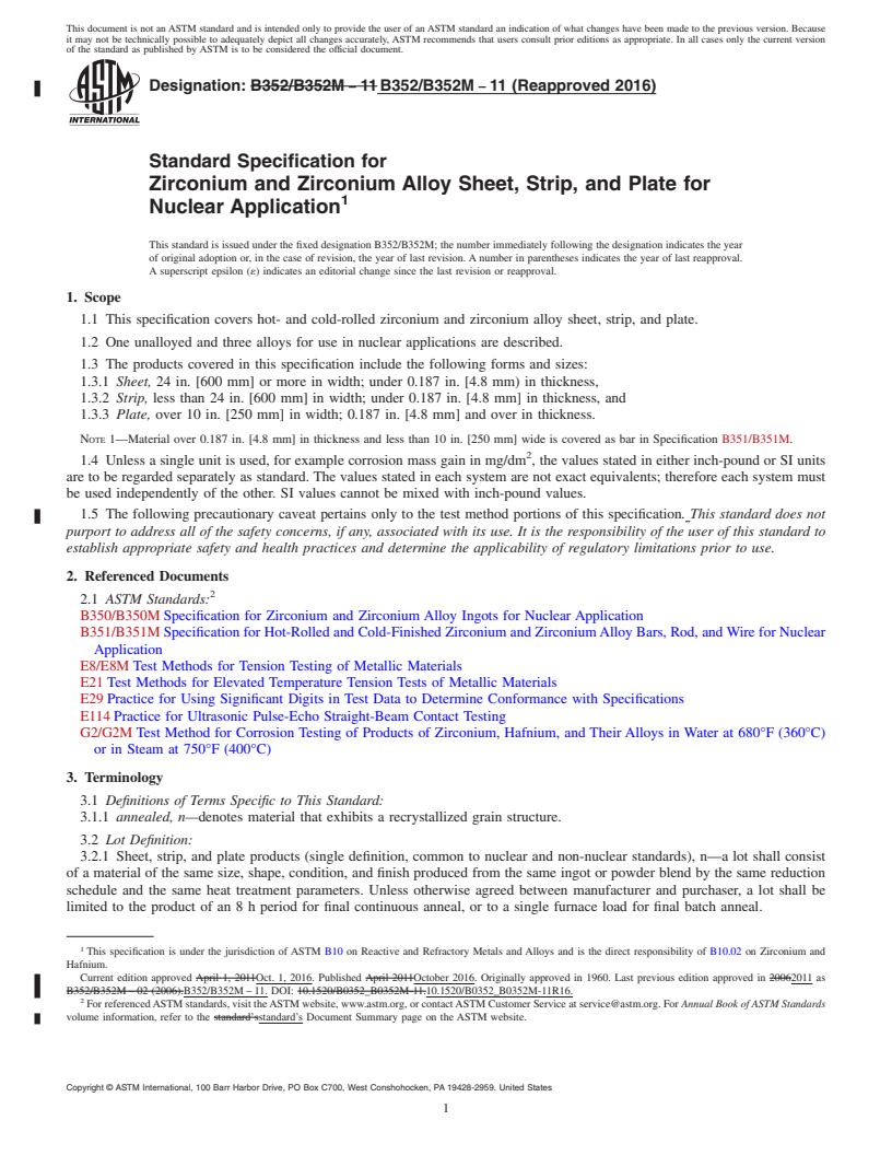 REDLINE ASTM B352/B352M-11(2016) - Standard Specification for Zirconium and Zirconium Alloy Sheet, Strip, and Plate for Nuclear  Application