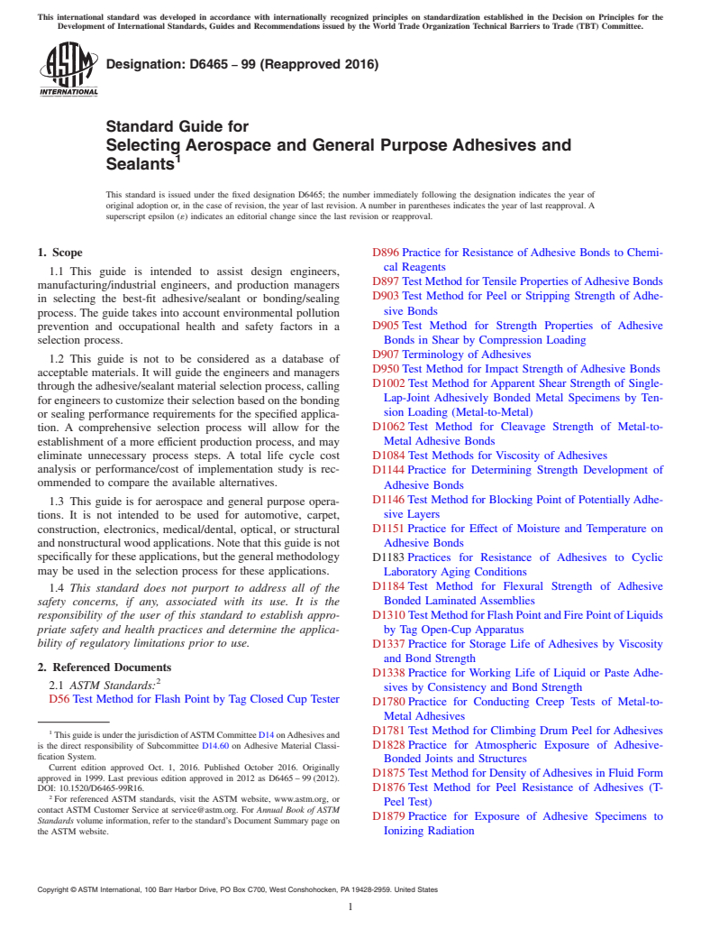 ASTM D6465-99(2016) - Standard Guide for Selecting Aerospace and General Purpose Adhesives and Sealants