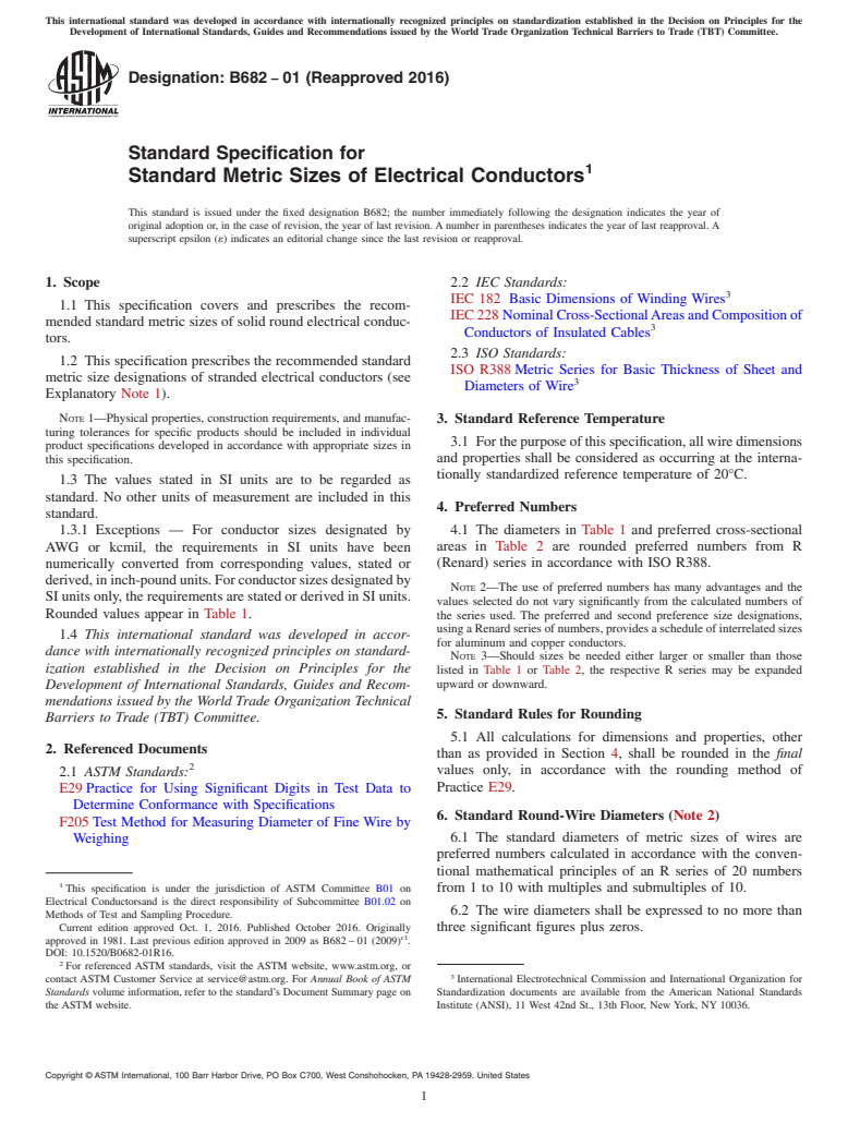 ASTM B682-01(2016) - Standard Specification for Standard Metric Sizes of Electrical Conductors