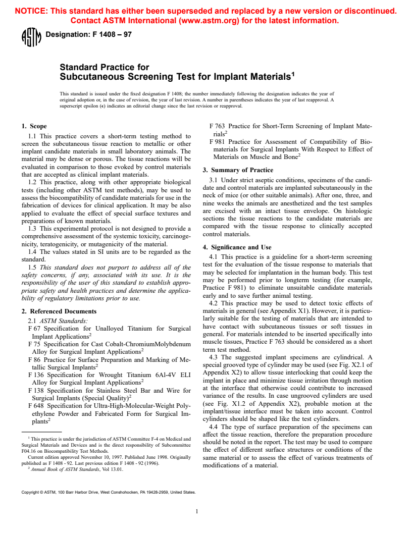 ASTM F1408-97 - Standard Practice for Subcutaneous Screening Test for Implant Materials