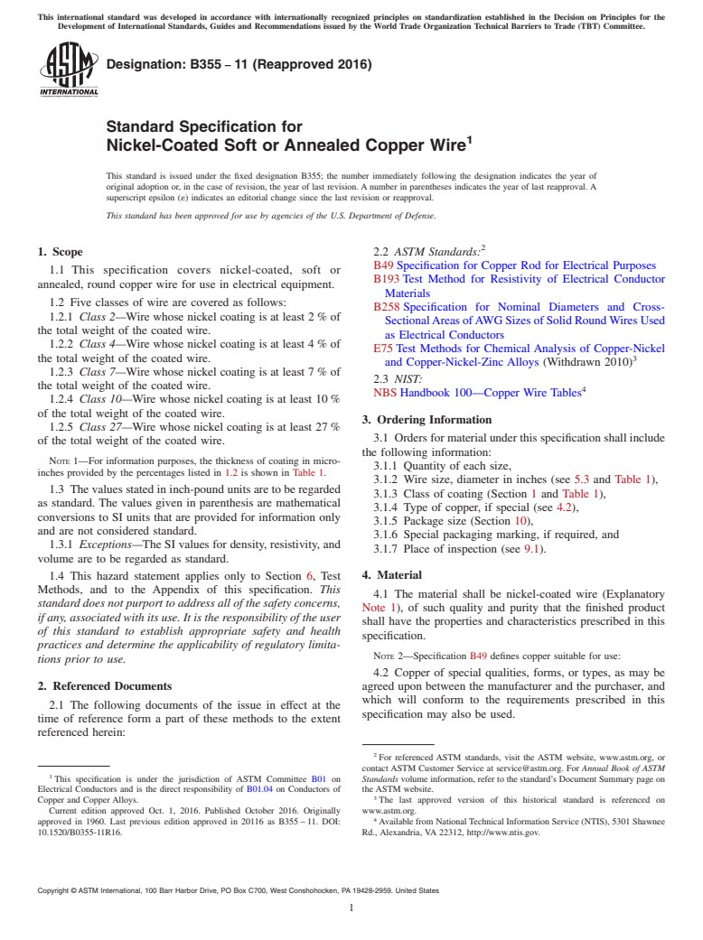 ASTM B355-11(2016) - Standard Specification for Nickel-Coated Soft or Annealed Copper Wire