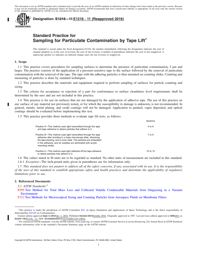 REDLINE ASTM E1216-11(2016) - Standard Practice for Sampling for Particulate Contamination by Tape Lift