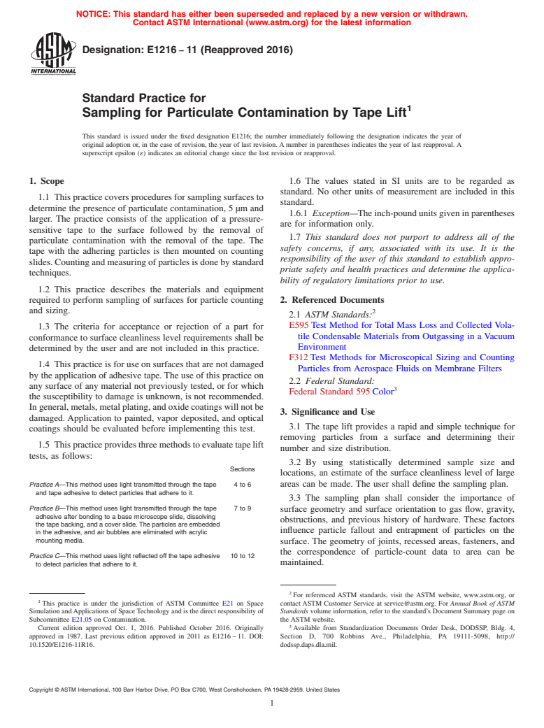 ASTM E1216-11(2016) - Standard Practice for Sampling for Particulate Contamination by Tape Lift