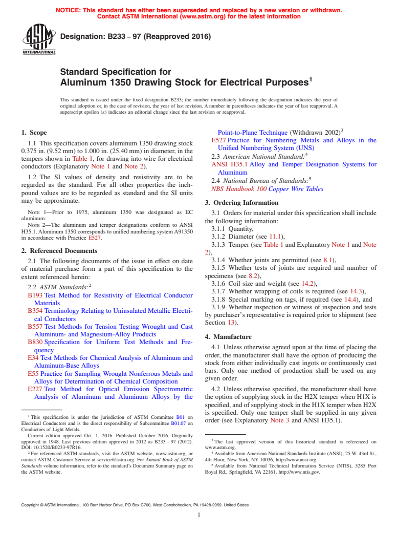 ASTM B233-97(2016) - Standard Specification for Aluminum 1350 Drawing Stock for Electrical Purposes