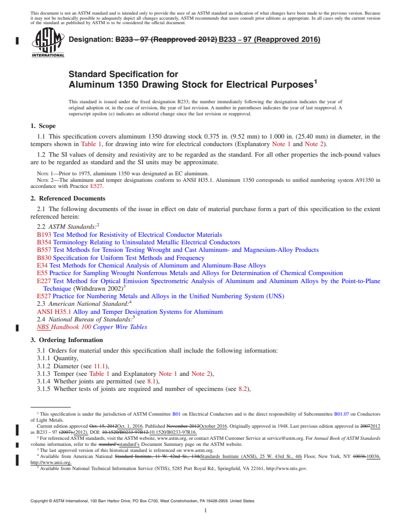 REDLINE ASTM B233-97(2016) - Standard Specification for Aluminum 1350 Drawing Stock for Electrical Purposes