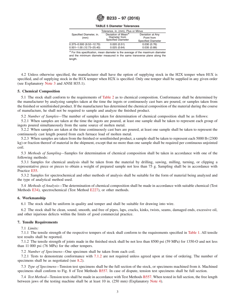 REDLINE ASTM B233-97(2016) - Standard Specification for Aluminum 1350 Drawing Stock for Electrical Purposes