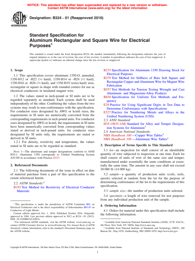ASTM B324-01(2016) - Standard Specification for Aluminum Rectangular and Square Wire for Electrical Purposes