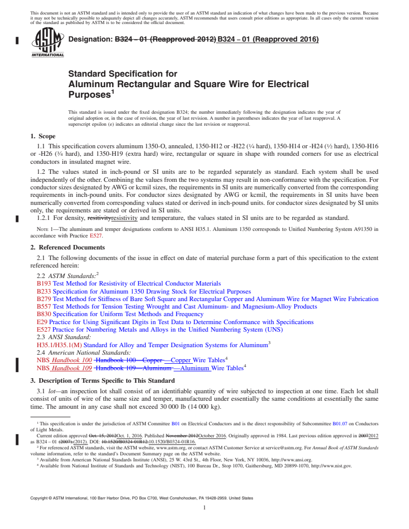 REDLINE ASTM B324-01(2016) - Standard Specification for Aluminum Rectangular and Square Wire for Electrical Purposes