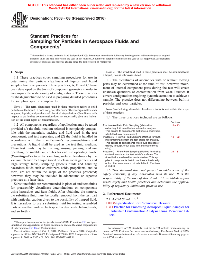 ASTM F303-08(2016) - Standard Practices for  Sampling for Particles in Aerospace Fluids and Components