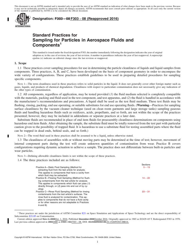 REDLINE ASTM F303-08(2016) - Standard Practices for  Sampling for Particles in Aerospace Fluids and Components