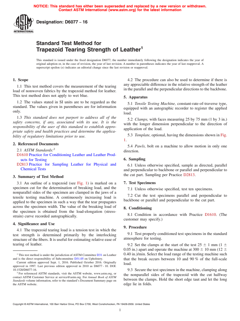 ASTM D6077-16 - Standard Test Method for  Trapezoid Tearing Strength of Leather