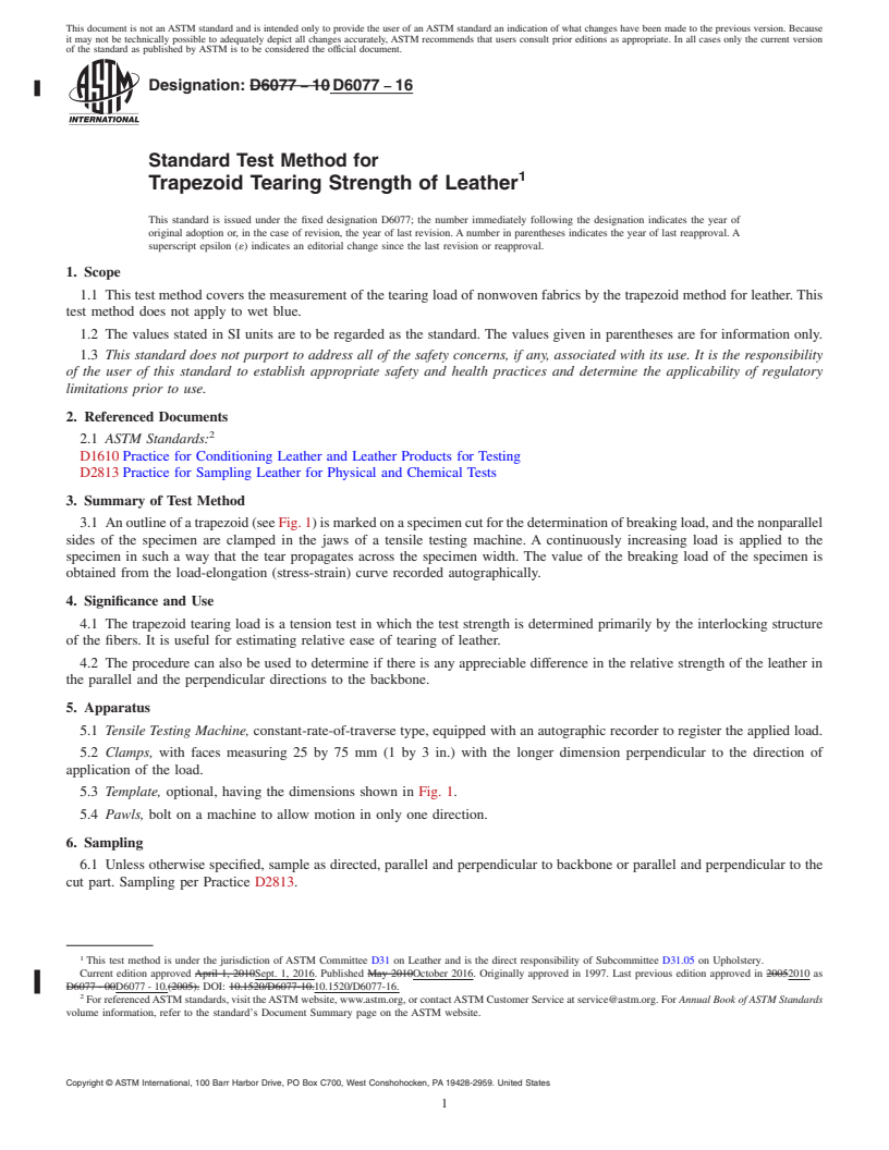 REDLINE ASTM D6077-16 - Standard Test Method for  Trapezoid Tearing Strength of Leather