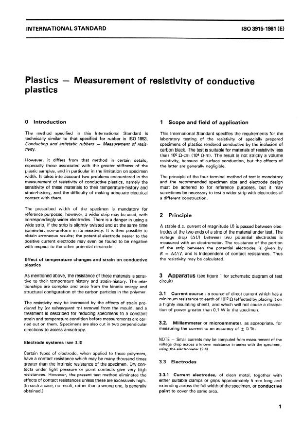 ISO 3915:1981 - Plastics -- Measurement of resistivity of conductive plastics
