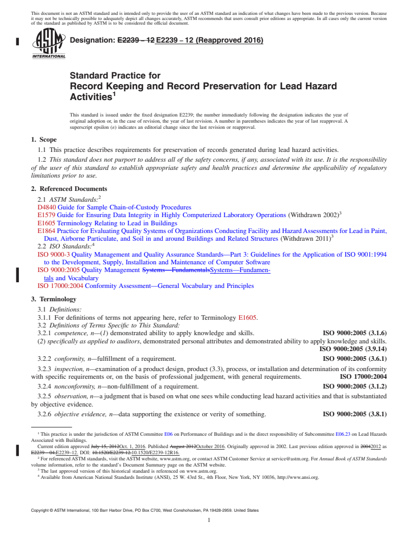 REDLINE ASTM E2239-12(2016) - Standard Practice for Record Keeping and Record Preservation for Lead Hazard Activities