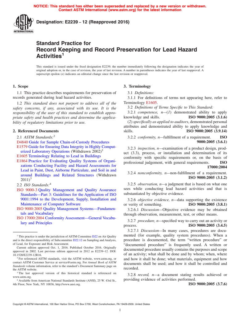 ASTM E2239-12(2016) - Standard Practice for Record Keeping and Record Preservation for Lead Hazard Activities