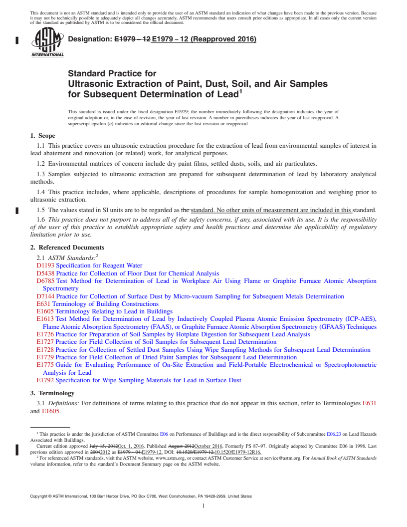 REDLINE ASTM E1979-12(2016) - Standard Practice for Ultrasonic Extraction of Paint, Dust, Soil, and Air Samples  for Subsequent Determination of Lead