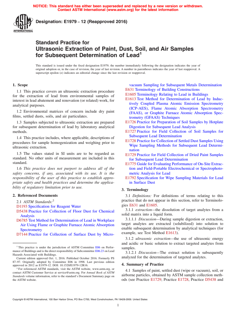 ASTM E1979-12(2016) - Standard Practice for Ultrasonic Extraction of Paint, Dust, Soil, and Air Samples  for Subsequent Determination of Lead