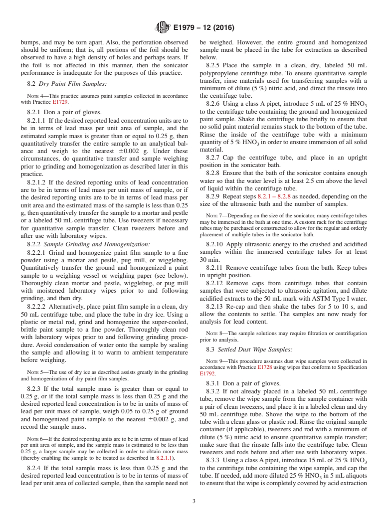 ASTM E1979-12(2016) - Standard Practice for Ultrasonic Extraction of Paint, Dust, Soil, and Air Samples  for Subsequent Determination of Lead