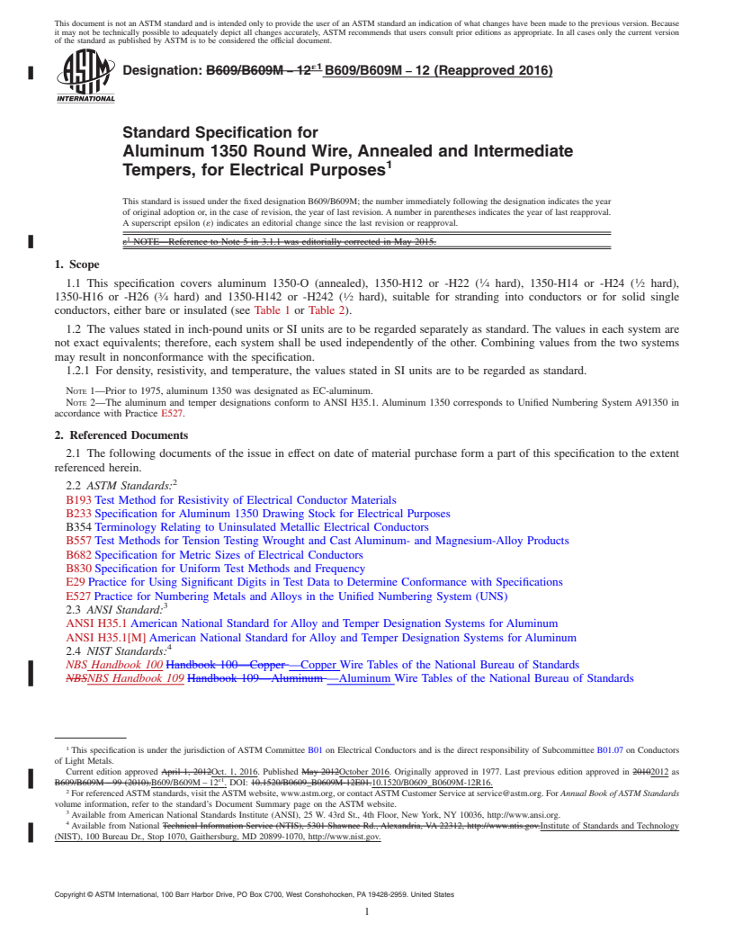 REDLINE ASTM B609/B609M-12(2016) - Standard Specification for Aluminum 1350 Round Wire, Annealed and Intermediate Tempers,  for Electrical Purposes