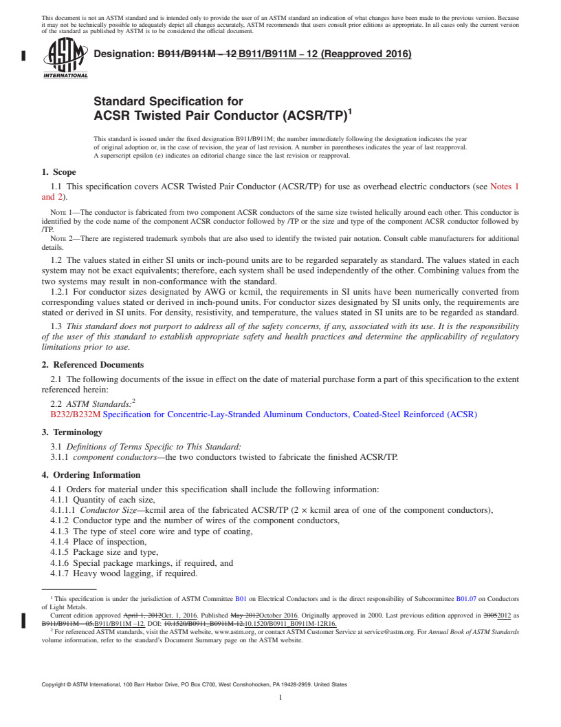 REDLINE ASTM B911/B911M-12(2016) - Standard Specification for ACSR Twisted Pair Conductor (ACSR/TP)