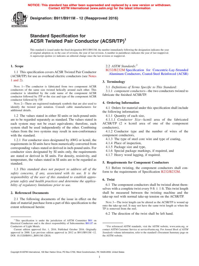 ASTM B911/B911M-12(2016) - Standard Specification for ACSR Twisted Pair Conductor (ACSR/TP)