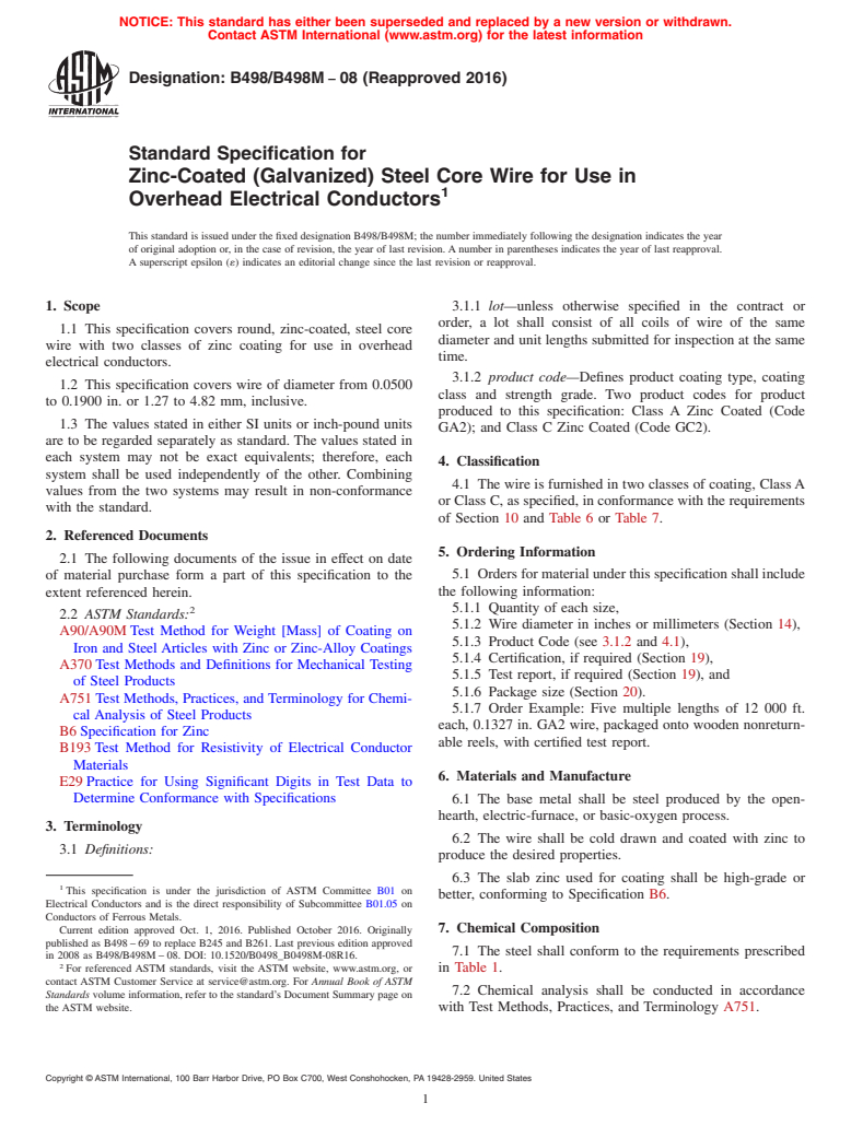 ASTM B498/B498M-08(2016) - Standard Specification for Zinc-Coated (Galvanized) Steel Core Wire for Use in Overhead   Electrical Conductors