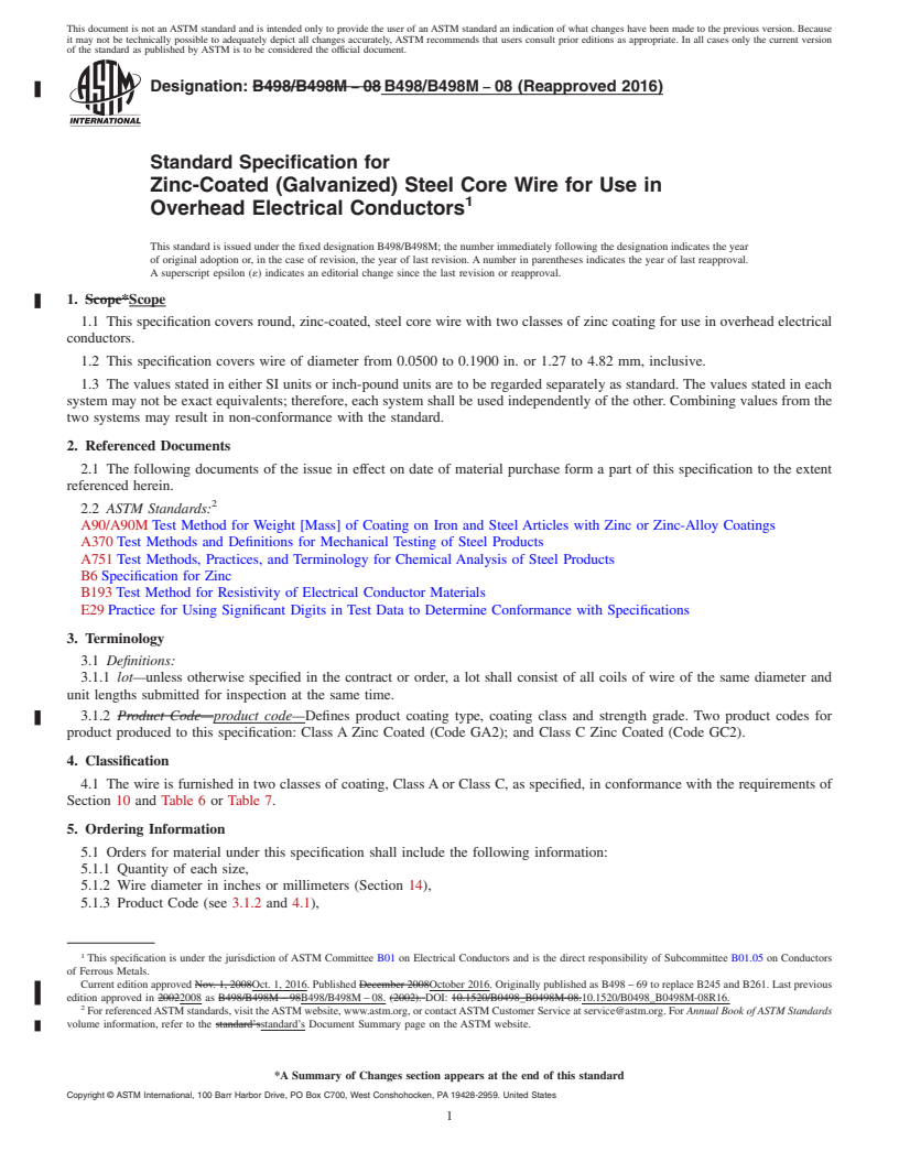 REDLINE ASTM B498/B498M-08(2016) - Standard Specification for Zinc-Coated (Galvanized) Steel Core Wire for Use in Overhead   Electrical Conductors