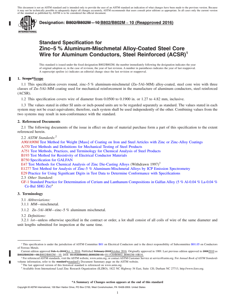 REDLINE ASTM B802/B802M-10(2016) - Standard Specification for Zinc&#x2013;5&#x2009;% Aluminum-Mischmetal Alloy-Coated Steel   Core Wire for Aluminum Conductors, Steel Reinforced (ACSR)