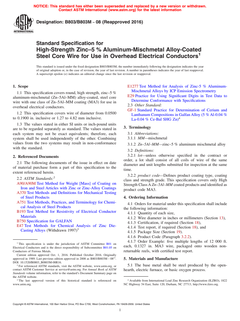 ASTM B803/B803M-08(2016) - Standard Specification for High-Strength Zinc&#x2013;5&#x2009;% Aluminum-Mischmetal Alloy-Coated  Steel Core Wire for Use in Overhead Electrical Conductors