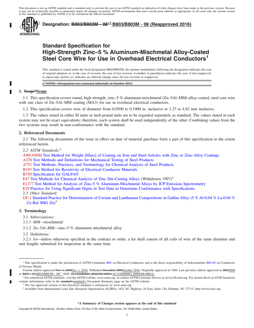 REDLINE ASTM B803/B803M-08(2016) - Standard Specification for High-Strength Zinc&#x2013;5&#x2009;% Aluminum-Mischmetal Alloy-Coated  Steel Core Wire for Use in Overhead Electrical Conductors