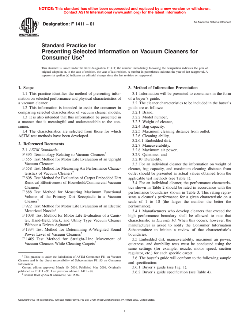 ASTM F1411-01 - Standard Practice for Presenting Selected Information on Vacuum Cleaners for Consumer Use