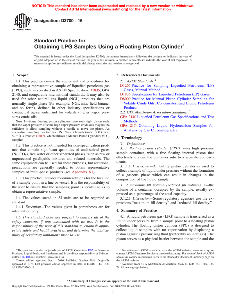 ASTM D3700-16 - Standard Practice for Obtaining LPG Samples Using a Floating Piston Cylinder