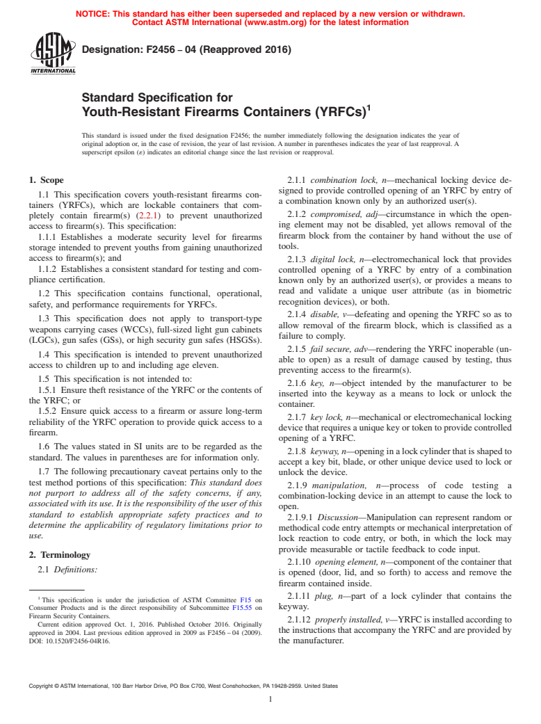 ASTM F2456-04(2016) - Standard Specification for  Youth-Resistant Firearms Containers (YRFCs)