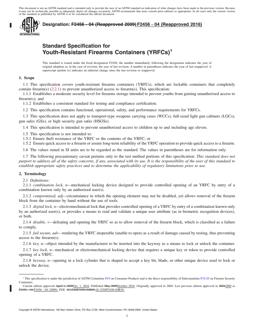 REDLINE ASTM F2456-04(2016) - Standard Specification for  Youth-Resistant Firearms Containers (YRFCs)