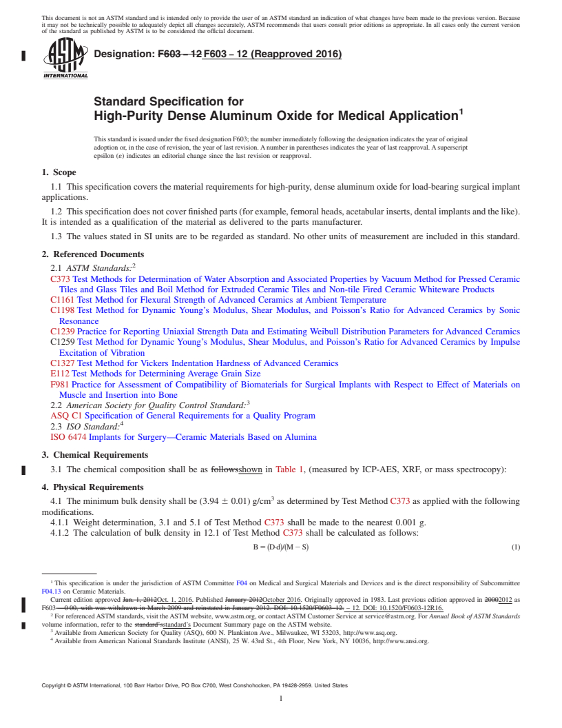REDLINE ASTM F603-12(2016) - Standard Specification for High-Purity Dense Aluminum Oxide for Medical Application