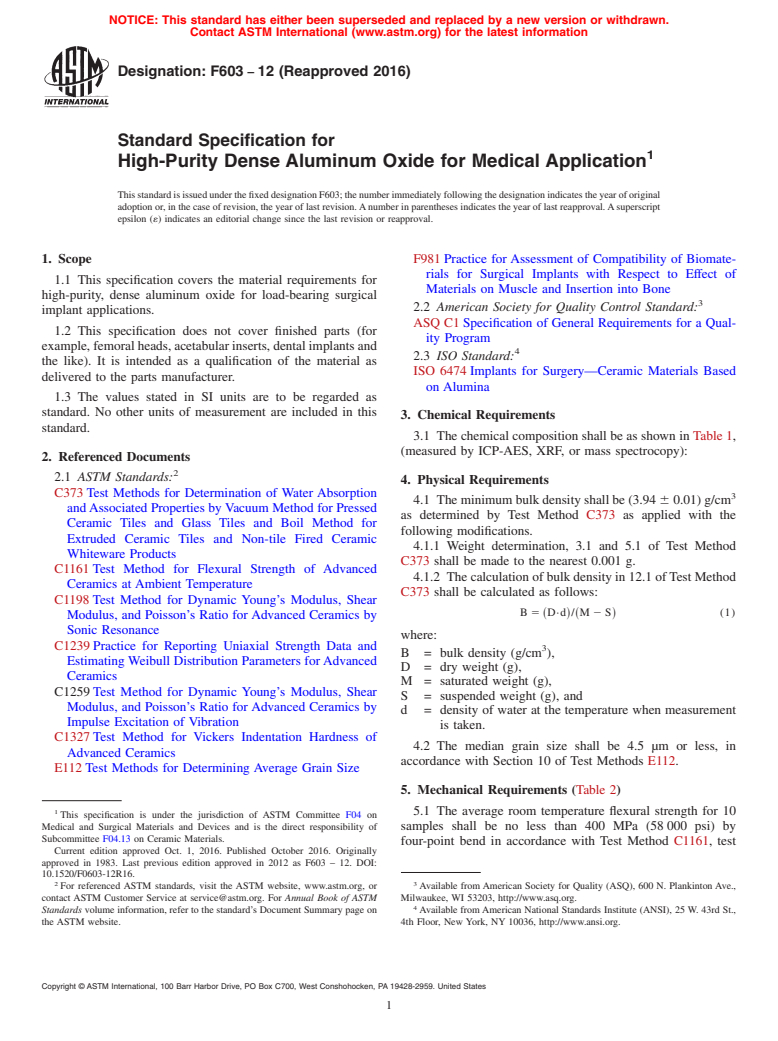 ASTM F603-12(2016) - Standard Specification for High-Purity Dense Aluminum Oxide for Medical Application