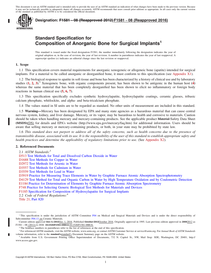 REDLINE ASTM F1581-08(2016) - Standard Specification for Composition of Anorganic Bone for Surgical Implants